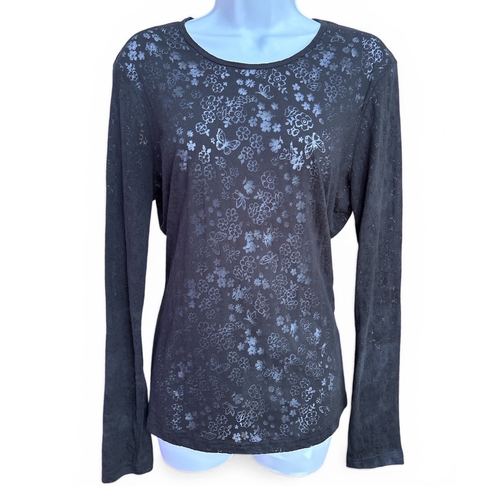 Black Sheer Floral Butterfly Long Sleeve Top Layers Whimsigoth Medium New